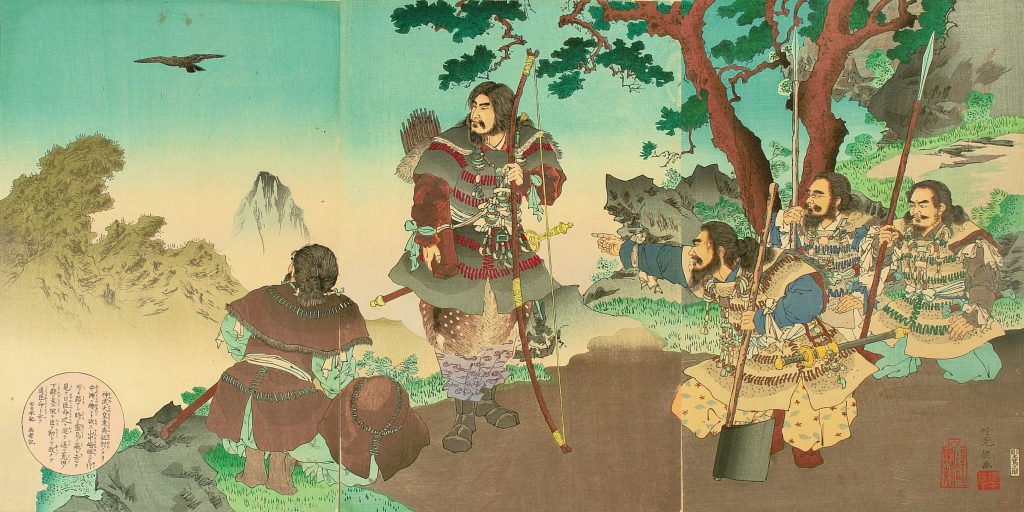 安達吟光による浮世絵。八咫烏が日本初代天皇神武天皇を、大和国までの道案内をしている。