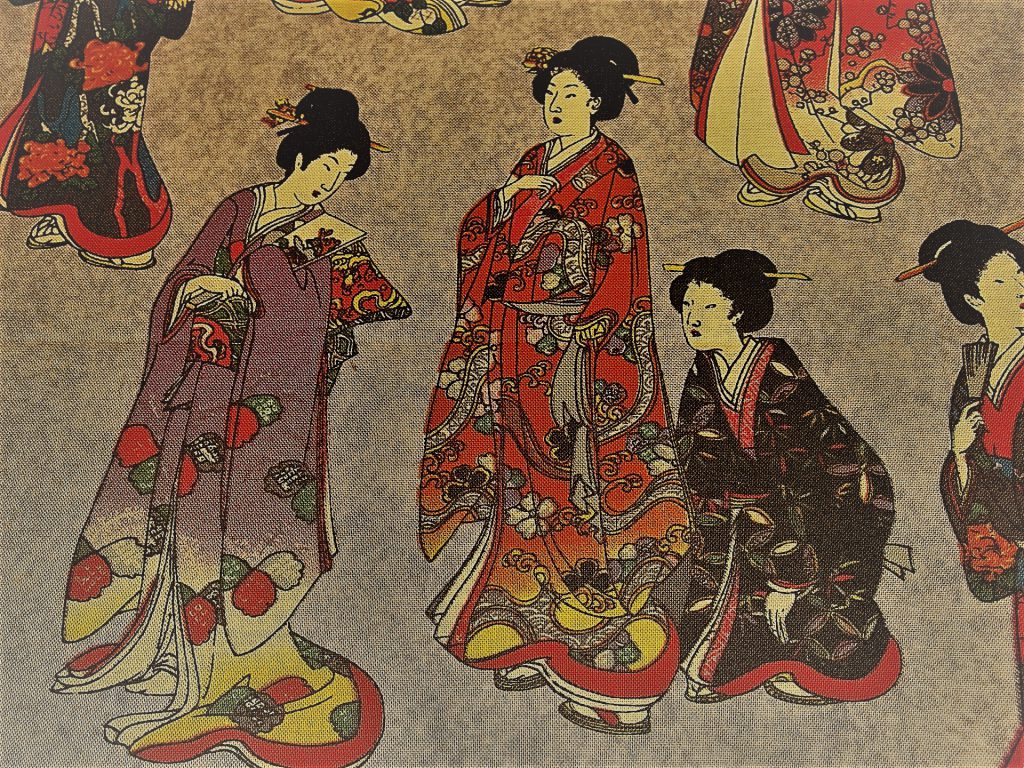 赤や紫や黒の色とりどりの着物を身にまとい談笑する昔の日本人女性たちを描いた絵
