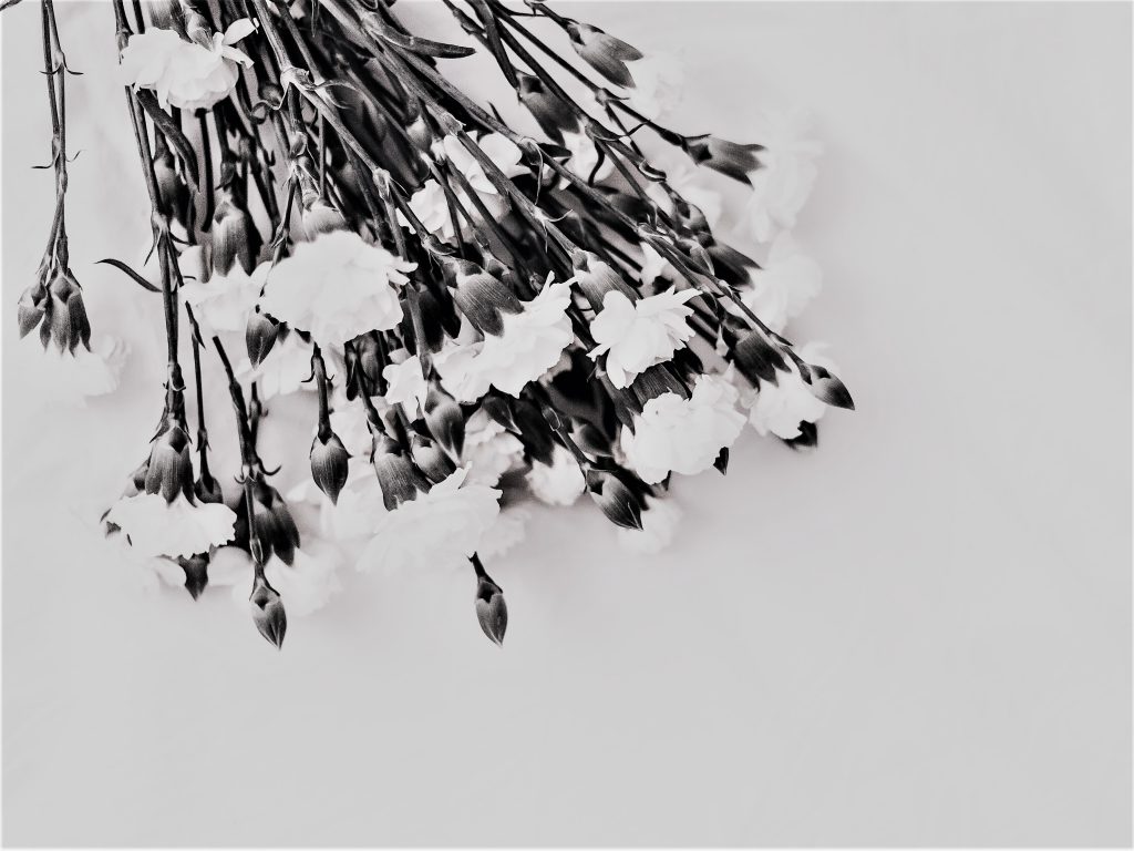白黒写真。白い花束が上から下がっている様子。