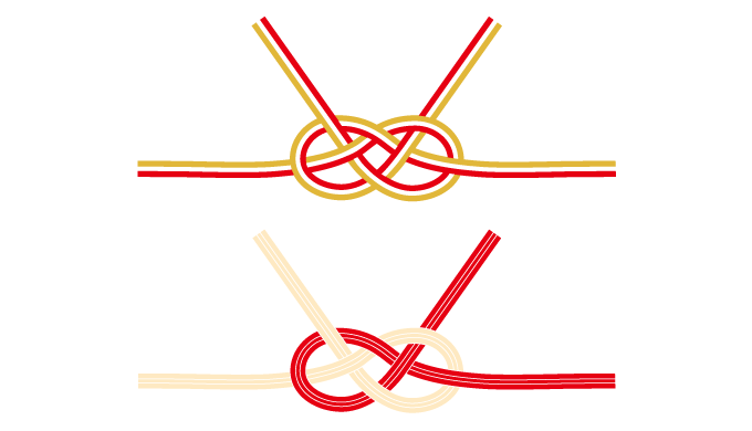 淡路結びの水引のイラストが上下に2個。上が金と赤で、下が赤と白。