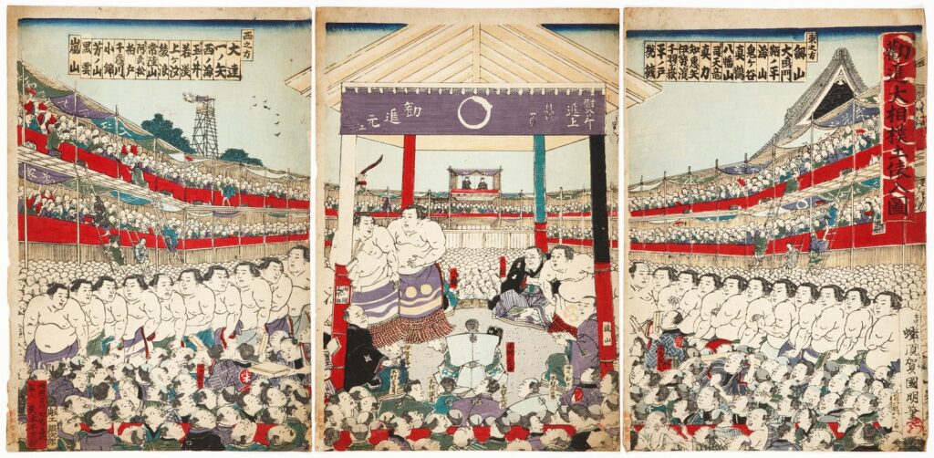 Ukiyo-e triptych by Utagawa Kuniaki II showing sumo wrestlers and spectators at Ekoin in early Meiji-era Ryogoku