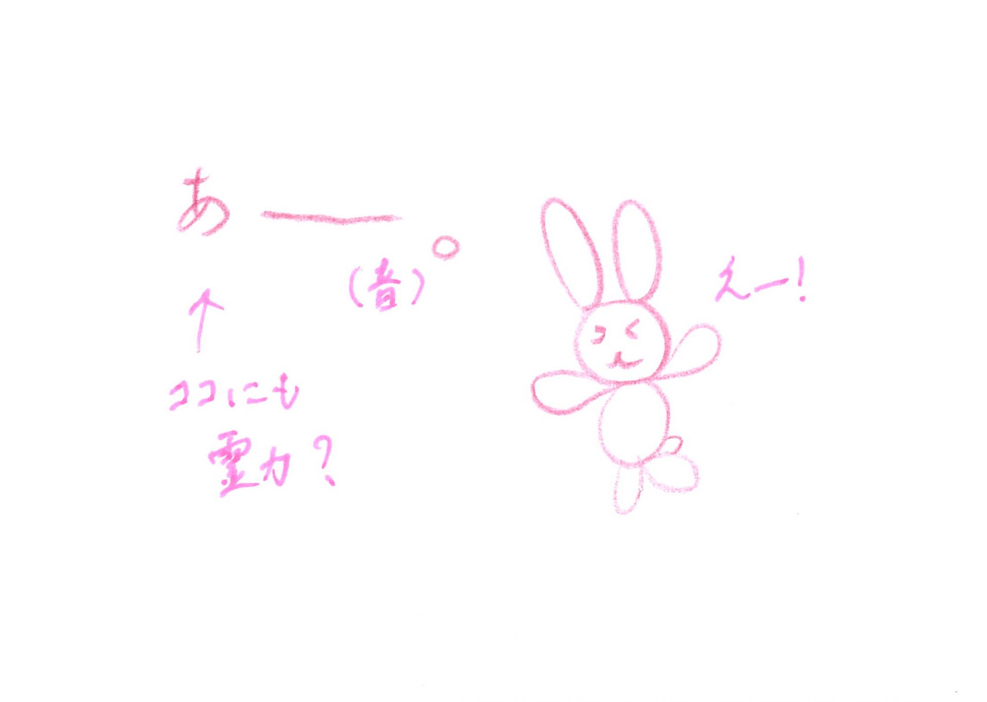 ピンクの色鉛筆で描かれたうさぎが、「あー」と声（音）出している絵図。黒鉛筆手書きセリフ。ピンクのペンで加筆「ココにも霊力？」「えー！」