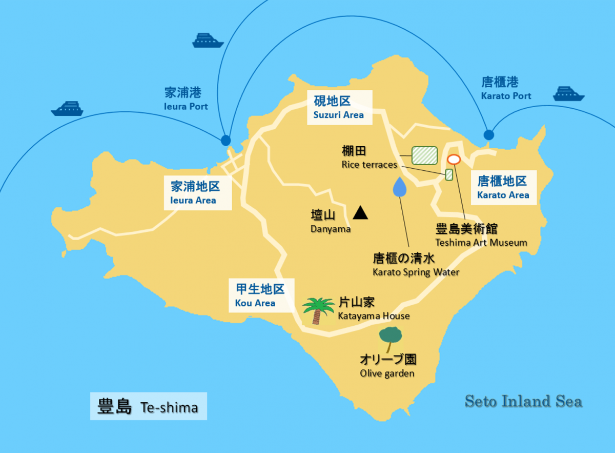 これは豊島の地図です。港や4つの地区、壇山、唐櫃の清水、棚田、オリーブ畑、片山家のソテツ、それに豊島美術館の位置を示しています。