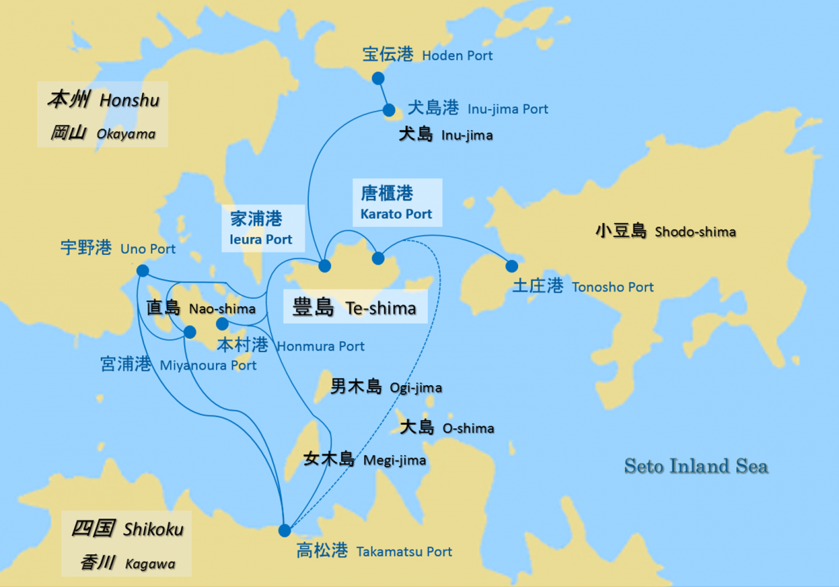 豊島は多島海域に位置しています。小豆島や四国の高松から、また本州側の岡山県宇野や宝伝からも高速船・フェリーに乗って30分前後で到着し、便数も多いのでたいへん交通に恵まれた島だといえるでしょう。