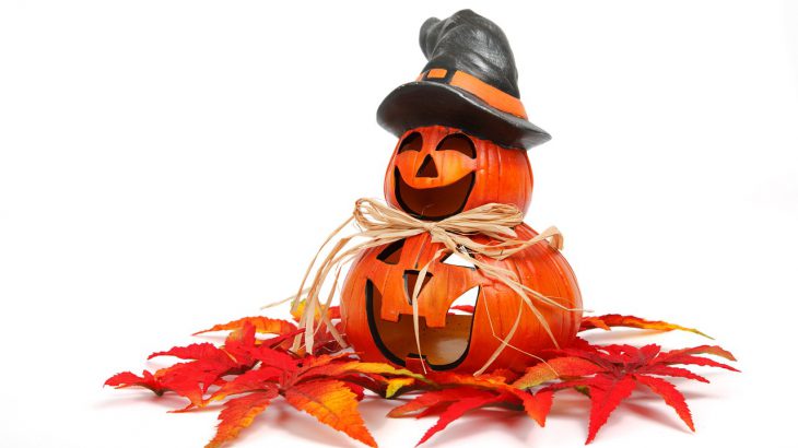 ジャックオランタンと魔女の帽子、紅葉のオーナメントの写真