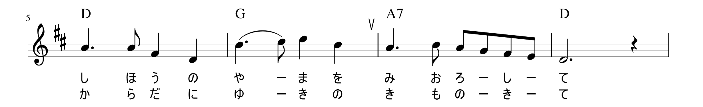 唱歌「ふじの山」の5-8小節目の楽譜