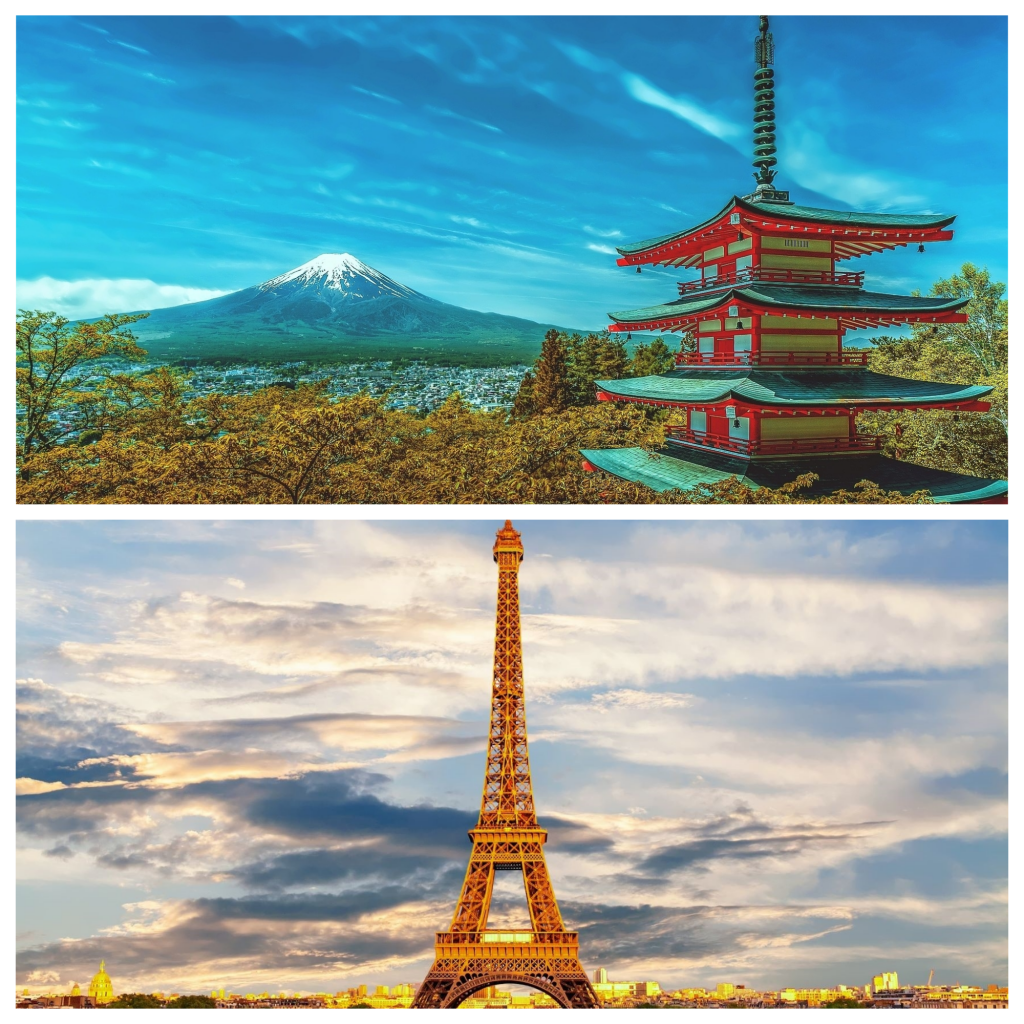 日本の富士山とフランスのエッフェル塔
