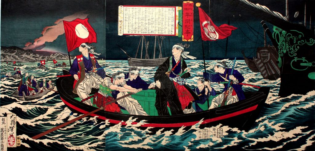 大坂城を船で脱出する慶喜の絵。