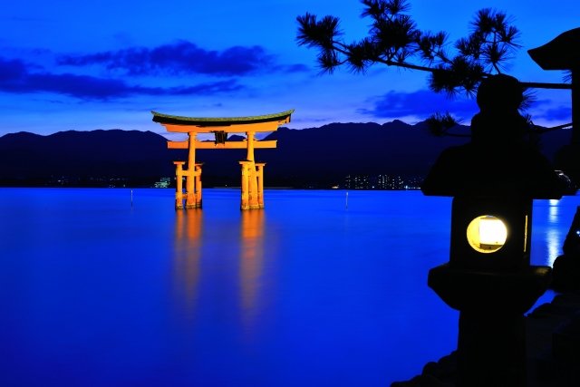夜、嚴島神社の鳥居が幻想的にライトアップされている様子。