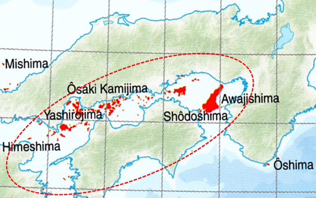 瀬戸内海の島々とその分布の図となります。瀬戸内海には、周囲が100m以上ある大きな島だけでも727島あり（海上保安庁による）、古来より活発に人々が行き来してきました。