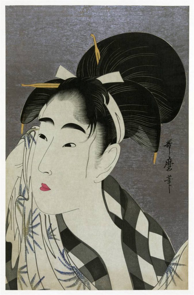 歌麿画：『汗を拭く女』。日本髪を結った女性の鉢巻き、歌舞伎で言うところの「お三輪巻」もしている