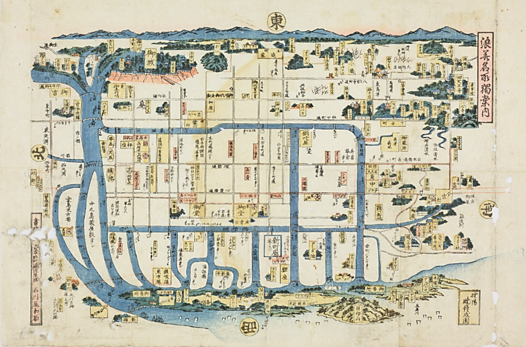 水路が縦横無尽に走り、人びとの暮らしが海と共にあったということがよく分かります。大阪城も3本の川の合流地点に建っています。