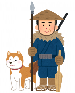 秋田犬を連れたマタギのイラスト