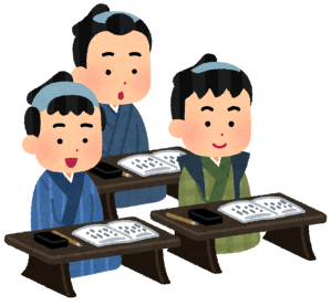 子どもが寺子屋で学んでいるイラスト。