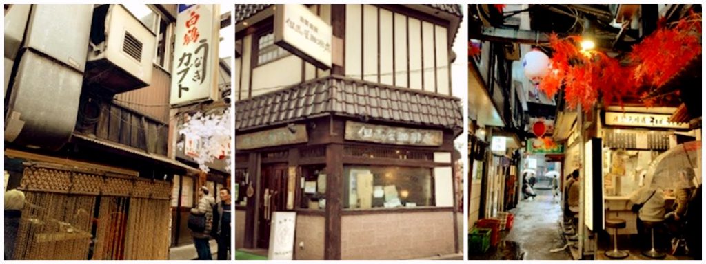 （左）「新宿思い出横丁」の名店「カブトうなぎ串の風情漂う店構え。
（中央）「新宿思い出横丁」の名店「但馬屋珈琲店　本店」外観。
（右）「新宿思い出横丁」の名店「かめや　新宿店」のレトロな外観。