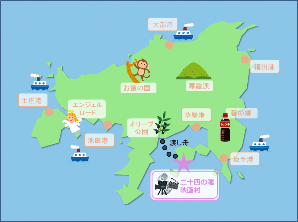 「二十四の瞳映画村」の位置と各観光地をまとめた地図