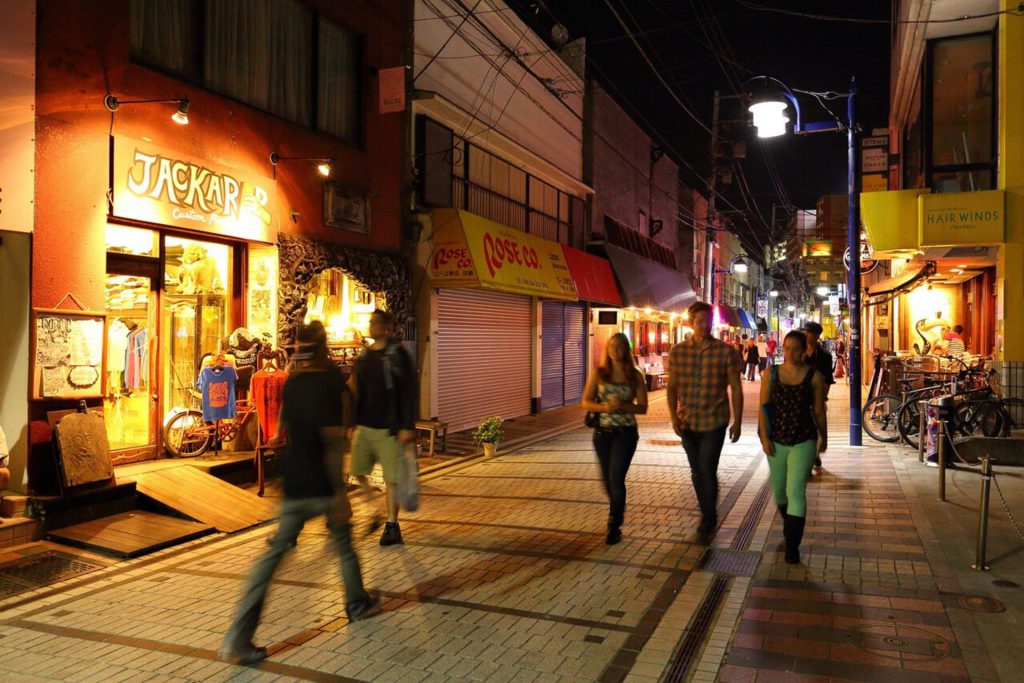 A night scene of Dobuita Street in Yokosuka City, the birthplace of Sukajan.