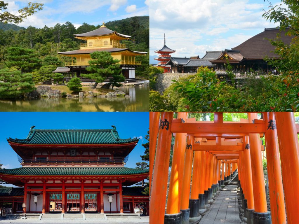 左上が金閣寺、左下が平安神宮、右上が清水寺、右下が鳥居の4つの写真。