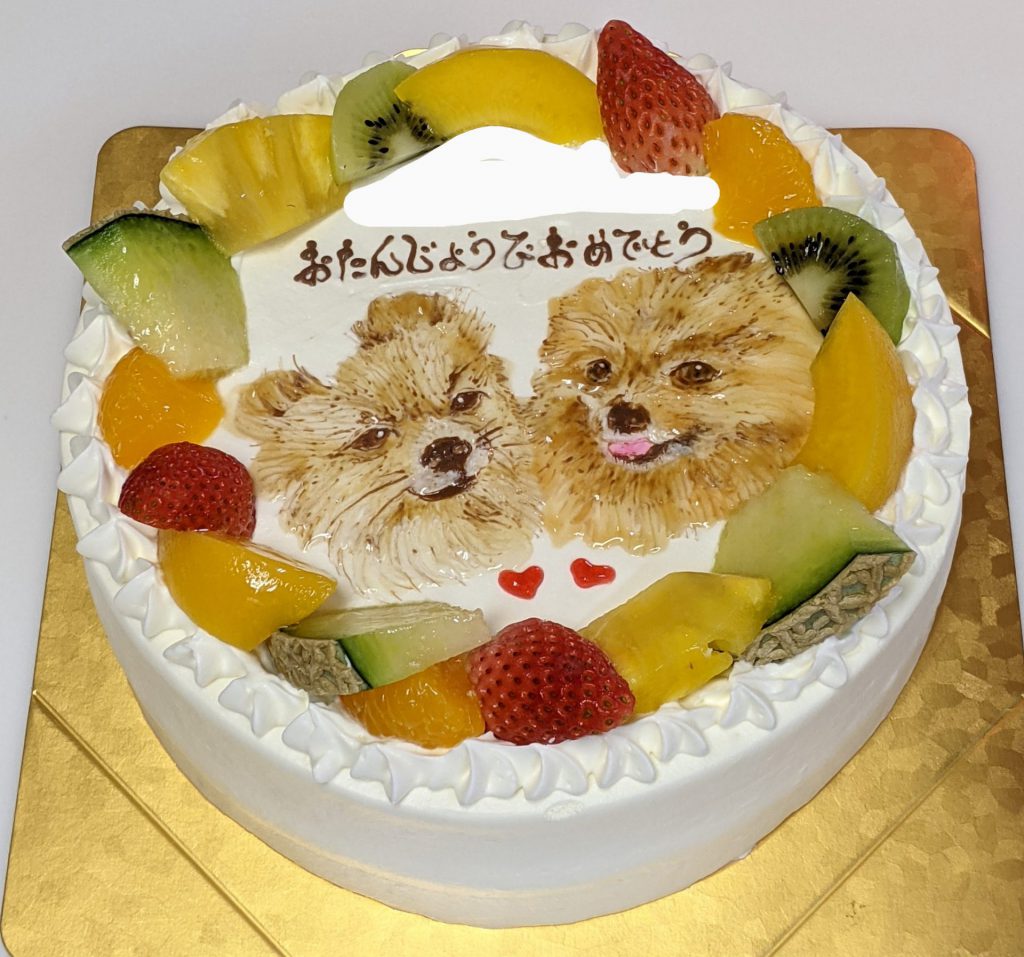 「メイユール・モマン」のデコレーションケーキ。犬が二匹描かれていて、周囲にはフルーツが飾られている。