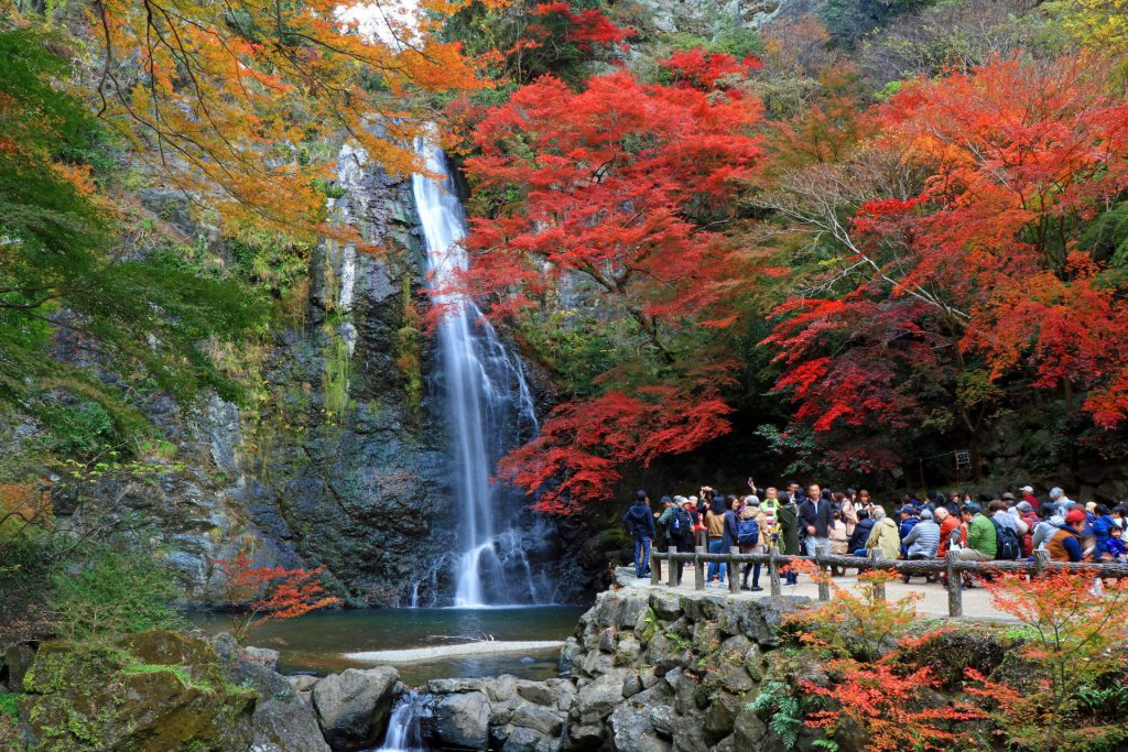 滝と紅葉。大勢の観光客で賑わっている。