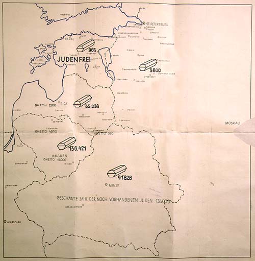 ユダヤ人が処刑された地と人数を記した地図。