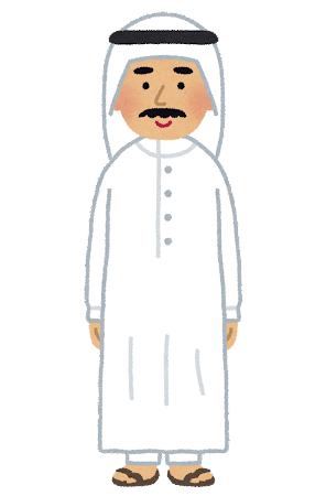 イスラム教徒の男性のイラスト。白い長い布の装束を全身にまとっている。