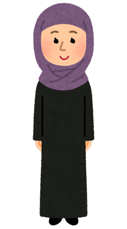 イスラム教徒の女性のイラスト。黒い長い丈の装い、顔の周りを紫のケープで覆っている。