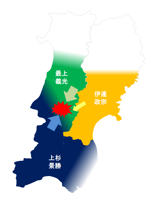 慶長出羽合戦の東北戦場における3勢力図。「北の関ケ原」と呼ばれている