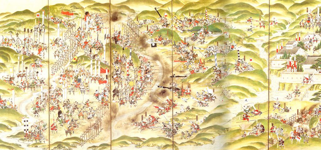 織田徳川連合軍が武田軍を撃破した長篠合戦屏風。