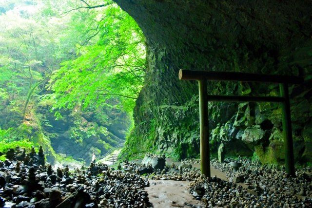 自然の緑が豊富で奥に進むにつれて暗くなっている天岩戸神社、西本宮の鳥居と洞窟