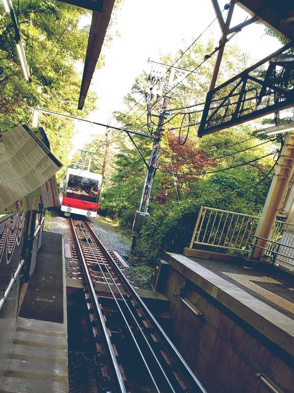 山の中を進む箱根登山ケーブルカーの様子。