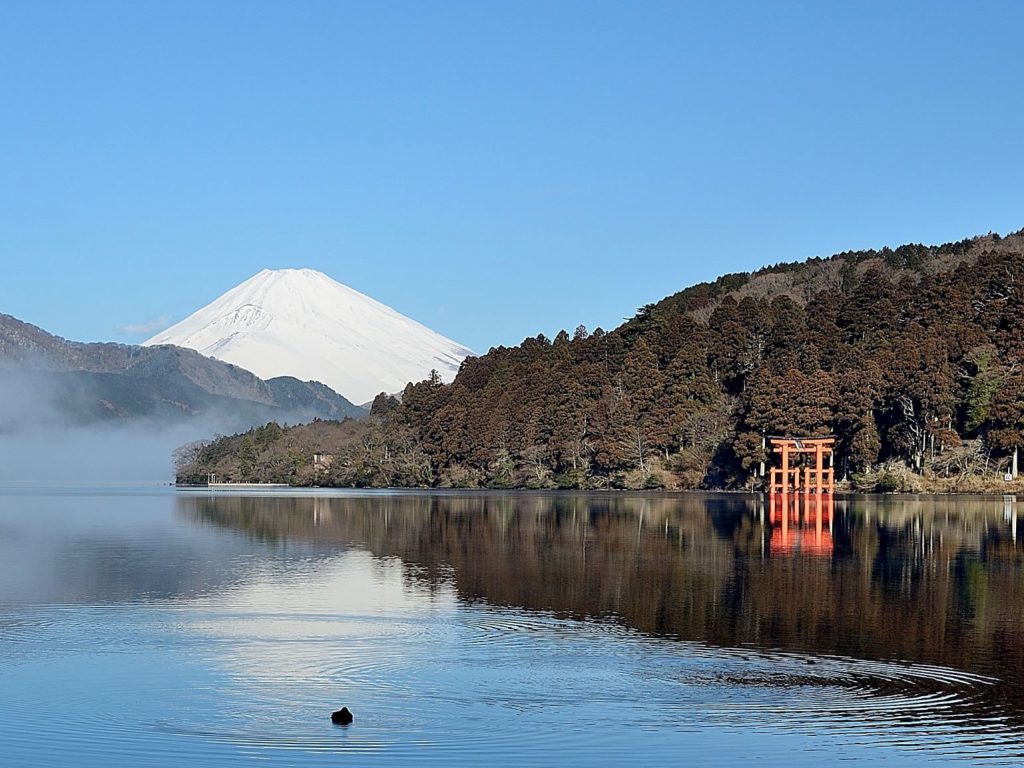 富士山と箱根神社の鳥居が写っている様子。