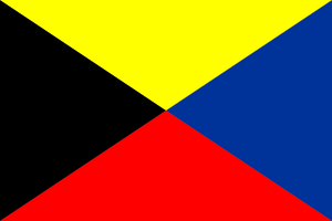 「皇國ノ興廢此ノ一戰ニ在リ、各員一層奮勵努力セヨ」という意味を持たせたZ旗で、左から時計回りに黒、黄、青、赤の4色からなる。