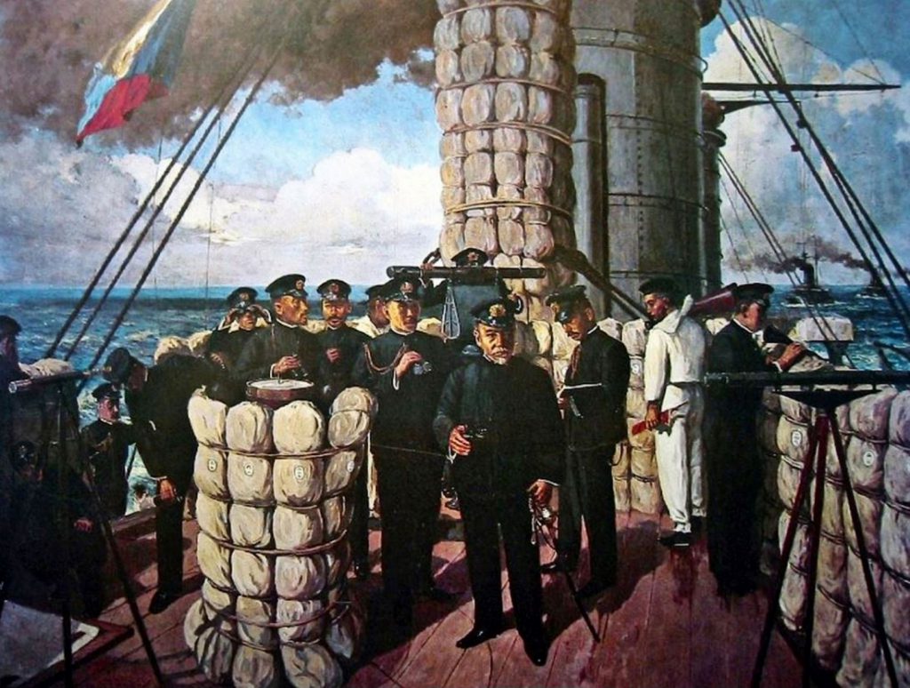 「三笠」の艦上に立つ東郷平八郎と乗組員たちの絵。