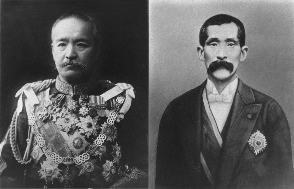 （左）当時の首相、桂太郎と（右）外相、小村寿太郎。