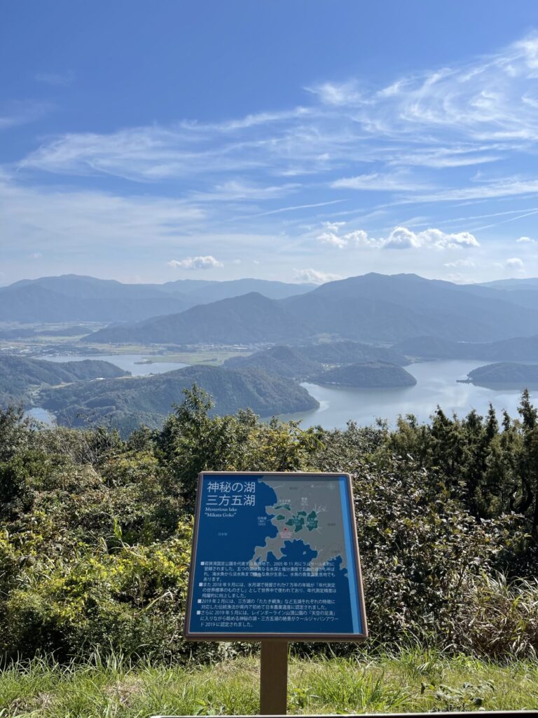 三方五湖の看板。看板の向こうには真っ青な湖と空が広がる。