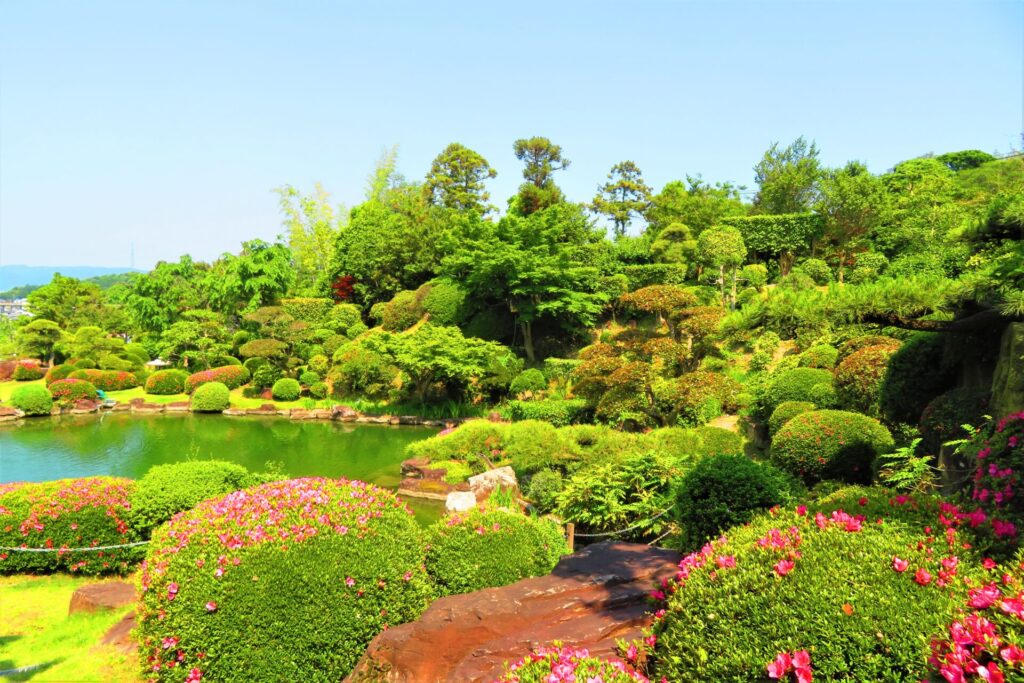 郷照寺の庭園。奥に池、その周囲を植栽が彩っています。手前にはツツジが咲いています。
