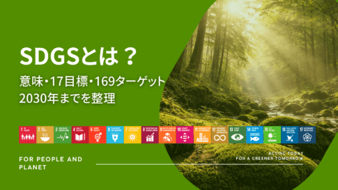 森と苔の自然風景に「SDGsとは？意味・17目標・169ターゲット 2030年までを整理」の文字を配置したアイキャッチ画像