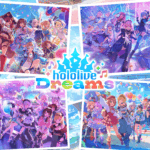 hololive Dreamsのメインビジュアル。ホロライブのタレントたちがステージやテーマパーク風の背景で集合している