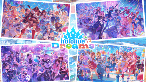 hololive Dreamsのメインビジュアル。ホロライブのタレントたちがステージやテーマパーク風の背景で集合している