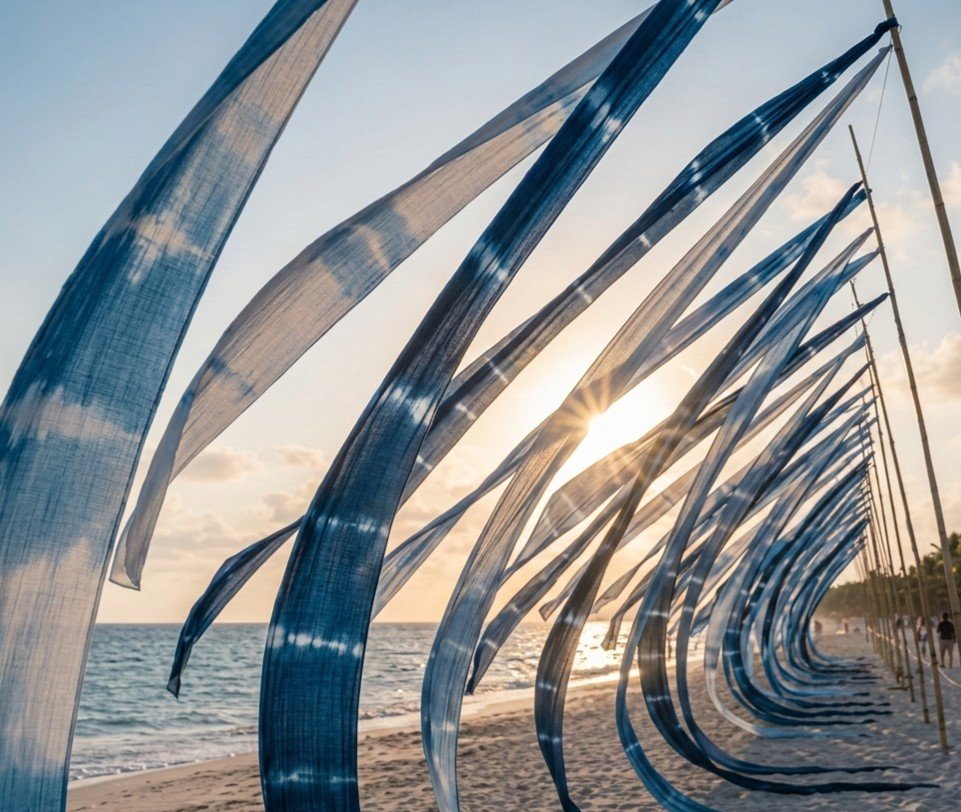 阿波藍染めの布を組み合わせたアート作品