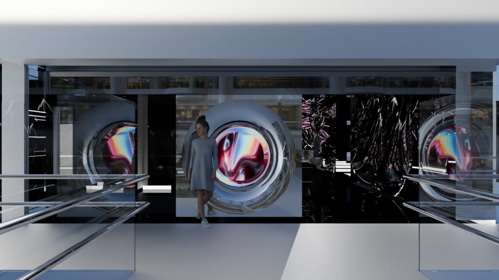 横浜ランドマークタワー内に2026年オープン予定の常設イマーシブシアター「null²ⁿ（ヌルヌルネクサス）」のコンセプトイメージ。鏡面とデジタル映像が融合した空間を、来場者が回遊する様子。