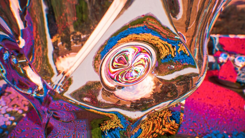 GREEN×EXPO 2027（横浜・上瀬谷）に出展される風景変換彫刻「null⁴（テトラヌル）」のディテール。極限まで磨かれた鏡面が、周囲の花々や空を万華鏡のように映し込み、風景をインタラクティブに変容させる様子。