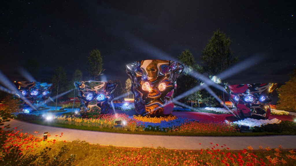 GREEN×EXPO 2027（横浜・上瀬谷）の夜間に浮かび上がる風景変換彫刻「null⁴（テトラヌル）」。サーチライトに照らされた4棟の鏡面構造体が、星空や夜の自然と共鳴する幻想的なコンセプトイメージ。