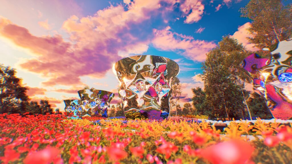 GREEN×EXPO 2027（横浜・上瀬谷）に出展予定の風景変換彫刻「null⁴（テトラヌル）」。4棟の鏡面構造体が花々や空の風景をインタラクティブに変容させるコンセプトイメージ。