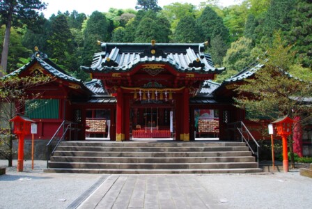 箱根神社の正面です。赤い柱と黒い屋根を持つ伝統的な建物で、階段を上がると拝殿が見えます。左右には赤い灯籠が立ち、背景には緑豊かな森が広がっています。