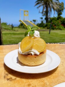 テーブルの上に置かれたスフレパンケーキレモン。ふわふわのスポンジケーキの上に、ホイップクリームとレモンスライスがトッピングされ、ミントの葉が飾られている。背景には緑の芝生とヤシの木、そして遠くに黄色いドアのオブジェが見える。青い空と海が広がり、リゾート地の爽やかな雰囲気が感じられる。