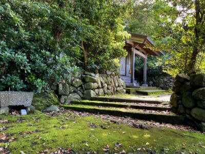 苔むした石段と石垣に囲まれた「竜神宮」の小さな神社。神社の建物は木造で、周囲には緑豊かな木々が生い茂っている。石段の脇には古い石の灯籠が置かれ、静寂な雰囲気を醸し出している。木漏れ日が差し込み、苔の緑と木々の葉の色が美しく調和している。神聖で静かな場所であり、自然と歴史が感じられる風景。