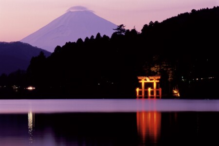 夕暮れ時、箱根遊船から眺めた箱根神社の平和の鳥居の風景。湖面に映る鳥居の明かりが美しく輝き、背後にはシルエットのように浮かぶ木々と富士山が見える。空は淡いピンク色に染まり、幻想的な雰囲気が漂っている。静かな湖と荘厳な鳥居のコントラストが印象的で、穏やかな時間が流れる情景が広がっている。