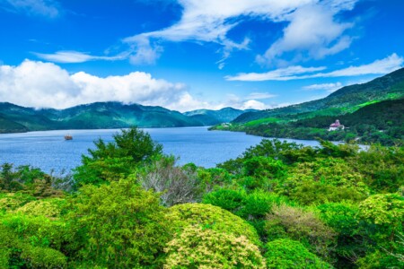 恩賜箱根公園の展望台から見た芦ノ湖の風景。青々とした湖と緑豊かな山々が広がり、空には白い雲が浮かんでいる。左側には箱根海賊船が湖上を航行しており、右側には湖岸に建つ建物が見える。手前には濃い緑の木々や草が茂り、自然の美しさが際立っている。晴れた日の鮮やかな景色が広がっている。